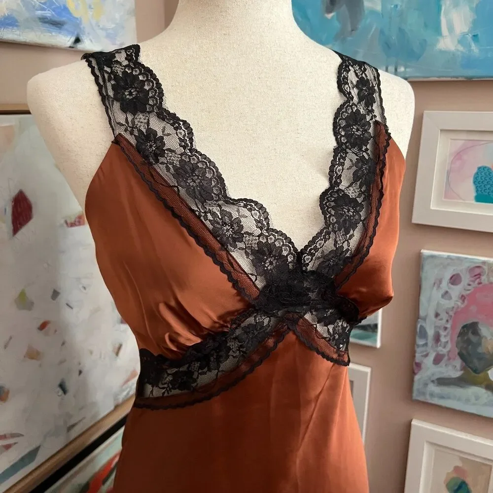 Abercrombie & Fitch Brown Copper Satin Lace Trim Slip Dress Maxi Coquette XS